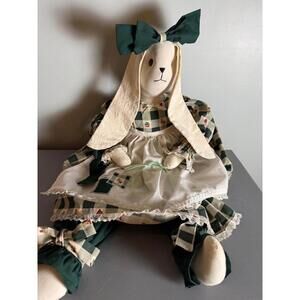 Cute cottage core cloth muslin bunny doll in green plaid dress